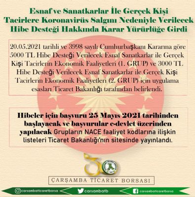 Esnaf ve Sanatkarlar ile Gerçek Kişi ve Tacirlere Yönelik Hibe Desteği