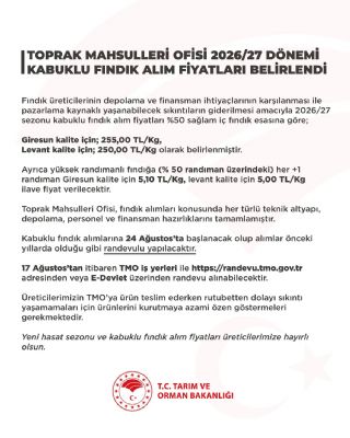 2026/2027 Dönemi Tmo Kabuklu Fındık Alım Fiyatları ve Alım Esasları Hakkında