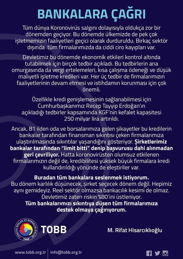 Tobb Başkanı Hisarcıklıoğlu'ndan Bankalara Çağrı
